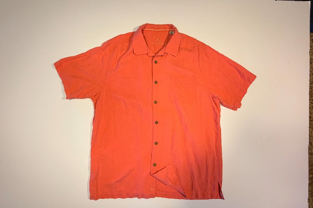 Tommy Bahama Coral Silk Camp Shirt Button Front Short Sleeve Size L